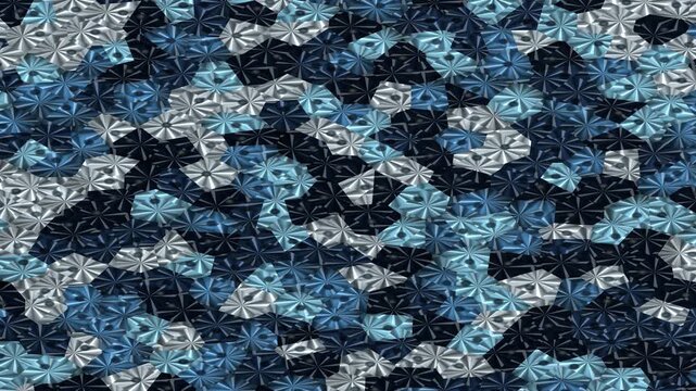 Abstract mosaic with metallic blue, silver, and dark blue shapes arranged in a repeating pattern