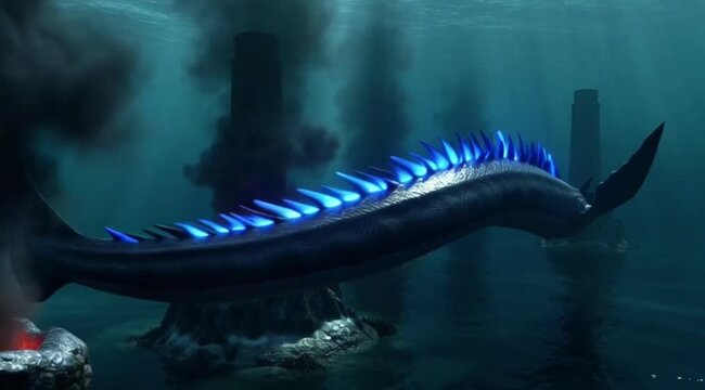 Deep sea fish swimming near hydrothermal vents emitting black smoke in dark underwater abyssal depth