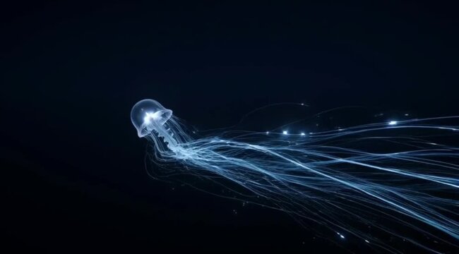 Luminous bioluminescent jellyfish with internal light filament glowing in deep dark blue ocean depth