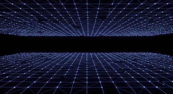 Glowing Blue Gridscape Digital plains stretching out into a vast dark void