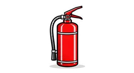 Obraz premium A professional vector illustration of a classic red fire extinguisher with a black hose and nozzle, isolated on white. High-contrast pop art style with halftone details.