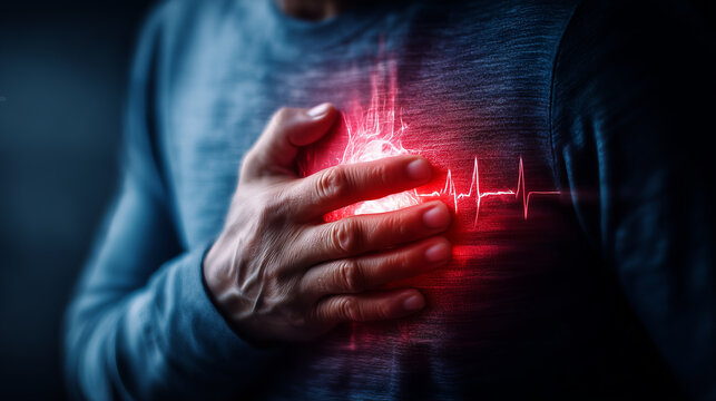 Man Experiencing Chest Pain with Glowing Heart and ECG Line Concept for Cardiac Health Emergency and Heart Disease