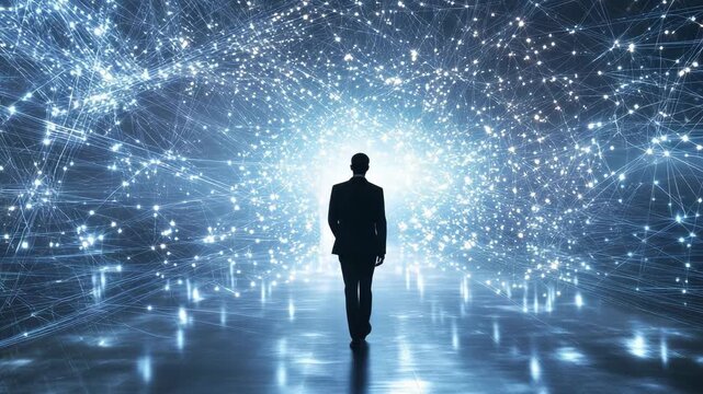A businessman in a suit walks toward a bright area filled with blue lights and digital patterns in a virtual setting