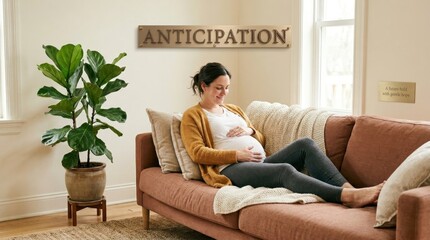 Obraz premium Contented Pregnant Woman Resting on a Sofa Indoors, Touching Her Belly with a Gentle Smile