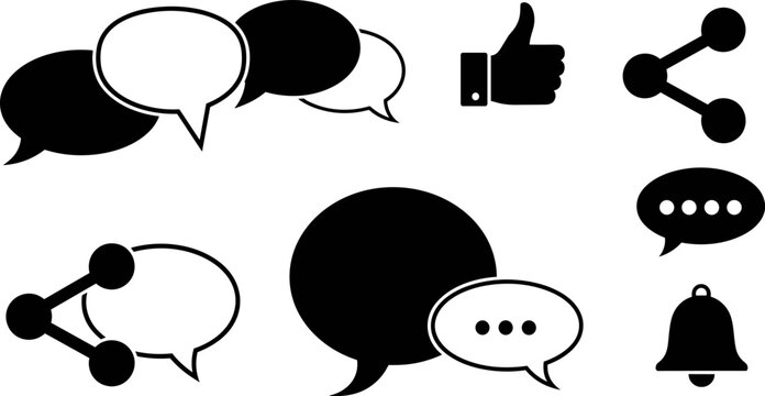 Social Media Vector Icon Set Featuring Speech Bubbles Thumbs Up Like Notification Bell and Share Symbols for Digital Marketing Communication and Website Interface Design