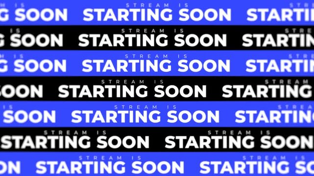Blue and black stripes starting soon streaming overlay. Bold typography stripes motion