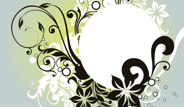 Abstract floral design with black and white swirling patterns framing a central circular space on a refreshing light green gradient background, vibrant and artistic vector illustration.