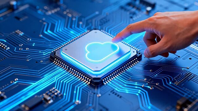 Hand touching cloud icon on circuit board