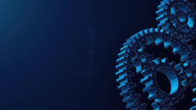 Low Poly Gears Spinning Together on Blue Background. Looped animation with rotating cogwheels and copy space. Animated concept of corporate collaboration, teamwork, partnership and business synergy.