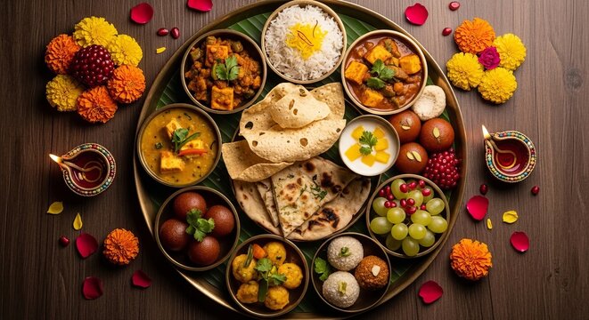Vibrant Indian thali feast with traditional dishes and festive decorations
