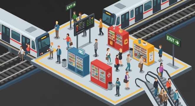 Isometric people waiting for trains at a modern subway station platform.