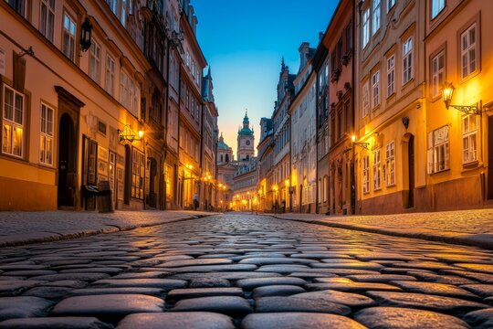 A low-angle view of a charming European cobblestone street leading towards a distant clock tower at dusk.