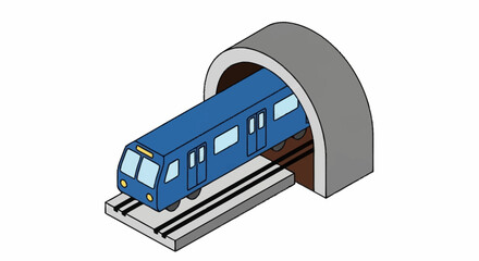 Blue train emerging from a concrete tunnel on tracks. © Kaca