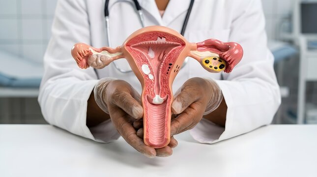 Doctor holding human female reproductive system model for patient consultation, clinical examination room, medical procedure explanation, health care