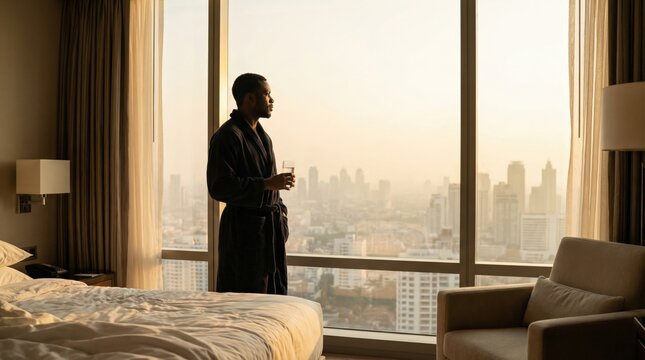 Circadian morning routine man in robe by sunlit hotel window