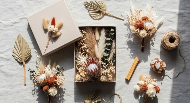 Beautifully arranged dried floral bouquets and gift box showcasing natural textures and warm, earthy tones.