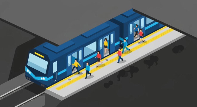 Isometric view of people boarding a modern blue subway train at a station platform.
