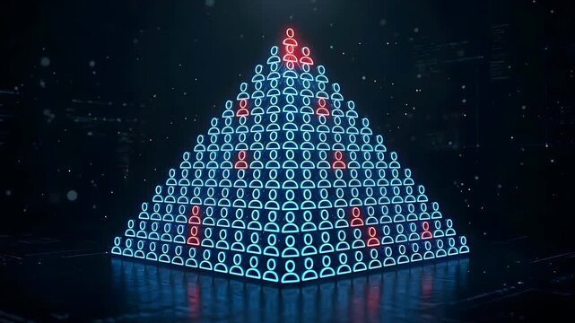 Digital Pyramid of Blue Neon People Icons with Red Impostor Symbols on Dark Futuristic Background with Data Streams and Particles