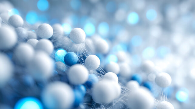 Abstract 3D images of white and dark spheres connected by thin threads (merge/molecules).