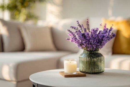 Lavender bouquet & candle on table with soft sofa in background