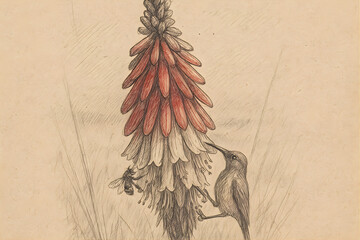 Naklejka premium Detailed vintage sketch of a Red Hot Poker flower with a pollinating bird and a bee on aged paper