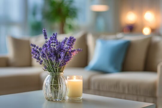 Lavender bouquet and lit candle on a table, blurred living room background
