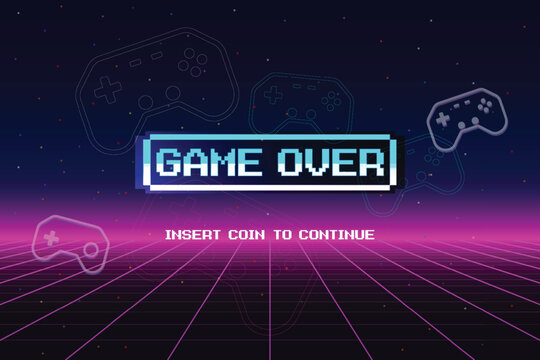 GAME OVER. Pixel art 8-bit. Modern trendy game background with lighting effect. for game assets in vector illustrations.