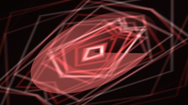 Abstract digital artwork, a series of red lines and shapes on black. A central oval shape