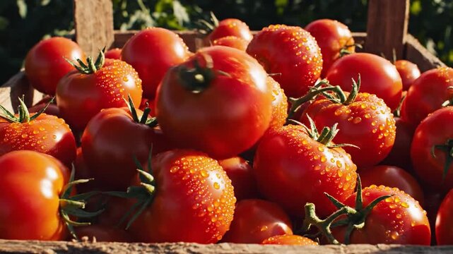 Sun-Ripened Tomatoes Tumble Into A Wooden Crate Showing Freshness And Harvest Bounty