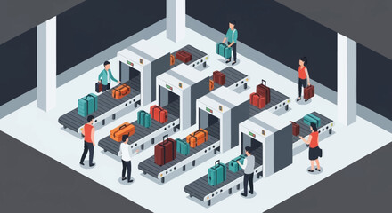 Obraz premium Airport Security Checkpoint with Luggage and Travelers.