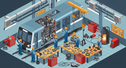 Train Maintenance Workshop with Technicians Working on Subway. © Kaca