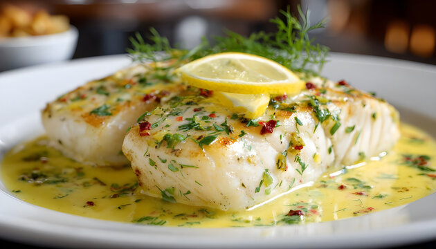 Delicious baked haddock fillets with a vibrant lemon dill sauce on a white plate. Gourmet meal presented for culinary delight in a restaurant or at home setting.