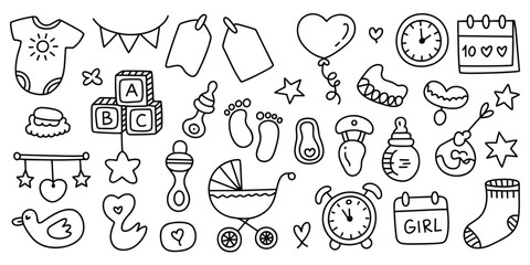 Fototapeta premium Baby Shower Doodle Elements Collection With Clothing Toys And Accessories vector illustration