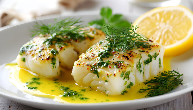 Delicious baked haddock fillets with a vibrant lemon dill sauce on a white plate. Gourmet meal presented for culinary delight in a restaurant or at home setting.