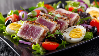 Fototapeta premium Healthy fresh salad features seared tuna slices, crisp lettuce, juicy tomatoes, olives, red onion, boiled eggs. Balanced meal served on modern plate ready for lunch dinner. Nutritious, appealing