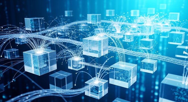 Abstract interconnected cubes with light trails and particle effects, symbolizing data transfer and digital network systems.