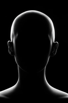 Dark faceless figure appears against black background with smooth contours, subtle rimlight, and minimalist studio mood.