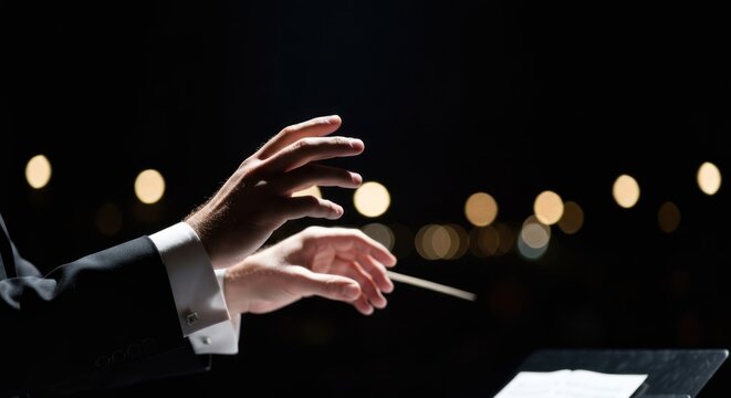Conductor's hands with baton on a dark stage