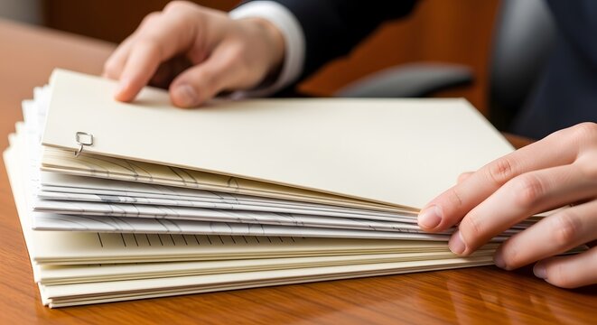 A person in a business setting holding and reviewing a large stack of paperwork documents on a wooden desk