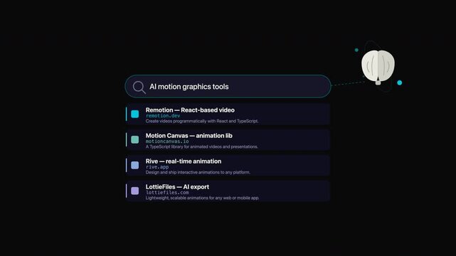 Search results for ai motion graphics tools in dark interface. Perfect for tech articles, websites, and social media posts.