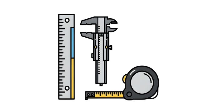 Clean vector illustration of measuring tools including ruler, caliper, and tape measure. Modern detailed style suitable for engineering, construction, and education concepts
