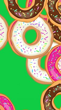 Delicious beautiful donut. Seamless pattern colorful donuts on green. Donut with icing sprinkled with grains. Perfect for holiday design, birthday, invitation. 4k vertical loop video graphic animation