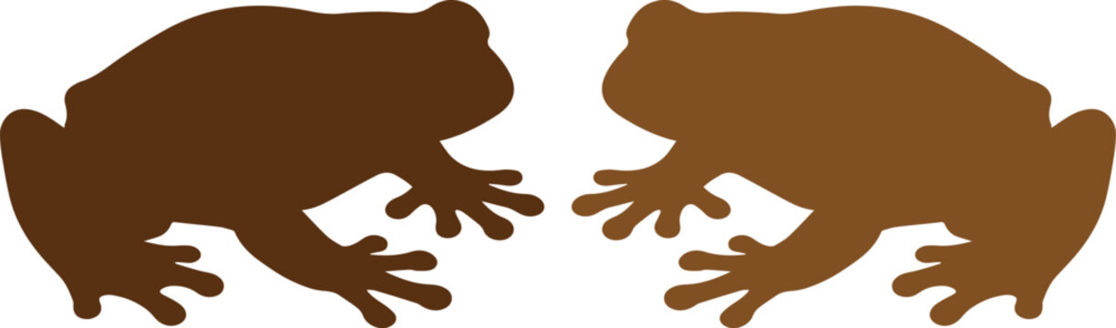 Siluetas de sapos marrones en formato EPS, conjunto de dos anfibios enfrentados, gr&aacute;ficos vectoriales de ranas para dise&ntilde;o de naturaleza