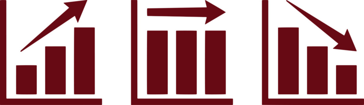 Gr&aacute;ficos de barras financieros en color granate, iconos de tendencia ascendente y descendente, conjunto de 3 vectores de an&aacute;lisis de mercado