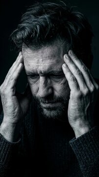 A man in his 40s, displaying signs of stress, sits in a dimly lit space with his hands on his head. He appears to be in deep thought, reflecting on his emotions and concerns