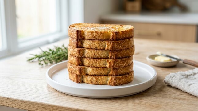 Golden brown toast stack ready for breakfast on a clean plate with butter nearby