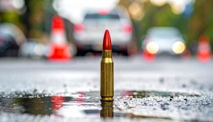 Obraz premium Single bullet on wet pavement with traffic in background offering contrast.
