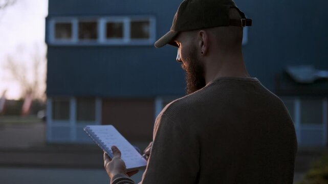 Bearded man wearing a cap writing his thoughts and ideas in a notebook during a beautiful sunset outdoors