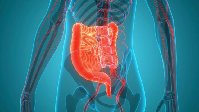 3D Medical Illustration of Human Digestive System with Highlighted Large and Small Intestines for Health and Biology Concepts