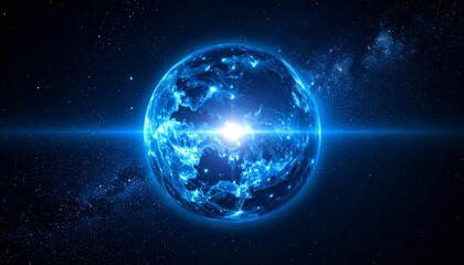 Naklejka premium A luminous blue planet Earth and the glowing moon shine against the dark cosmos of a star-filled galaxy within the vast night sky of the universe